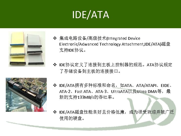 IDE/ATA 集成电路设备/高级技术(Integrated Device Electronic/Adwanced Technology Attachment, IDE/ATA)磁盘 支持IDE协议。 IDE协议定义了连接到主板上控制器的规范。ATA协议规定 了存储设备到主板的连接接口。 IDE/ATA拥有多种标准和命名，如ATA、ATA/ATAPI、EIDE、 ATA-2、Fast ATA、ATA-3、Ultra. ATA以及Ulrea