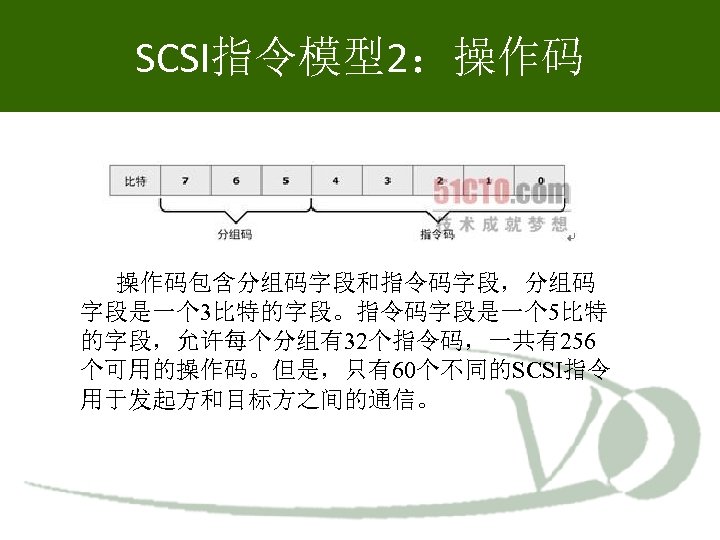 SCSI指令模型2：操作码 操作码包含分组码字段和指令码字段，分组码 字段是一个 3比特的字段。指令码字段是一个 5比特 的字段，允许每个分组有32个指令码，一共有256 个可用的操作码。但是，只有60个不同的SCSI指令 用于发起方和目标方之间的通信。 