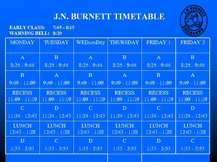 J. N. BURNETT TIMETABLE EARLY CLASS: 7: 05 - 8: 15 WARNING BELL: 8: