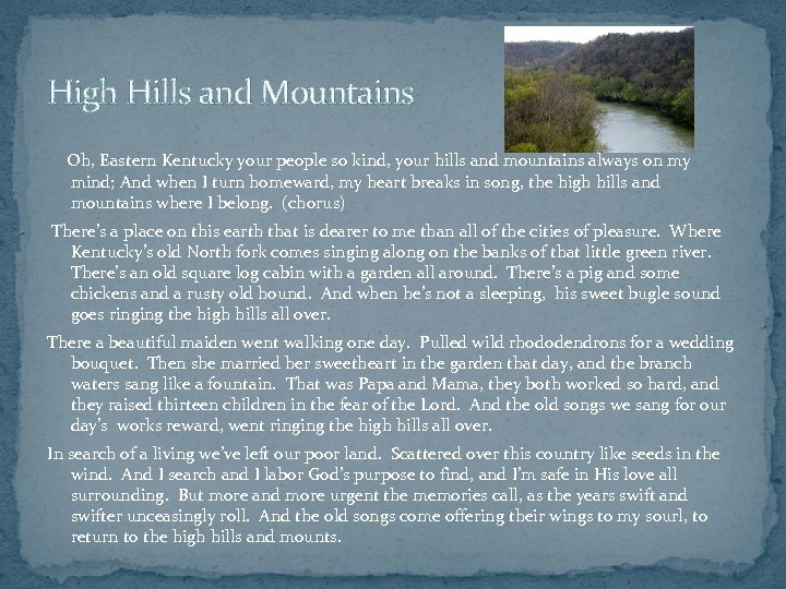 High Hills and Mountains Oh, Eastern Kentucky your people so kind, your hills and