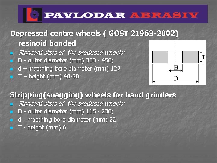 Depressed centre wheels ( GOST 21963 -2002) resinoid bonded n n Standard sizes of