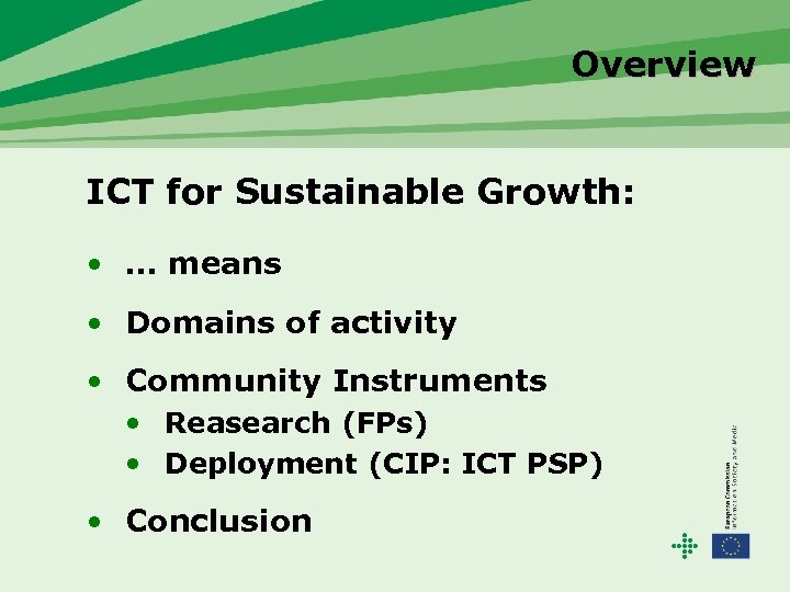 Overview ICT for Sustainable Growth: • … means • Domains of activity • Community