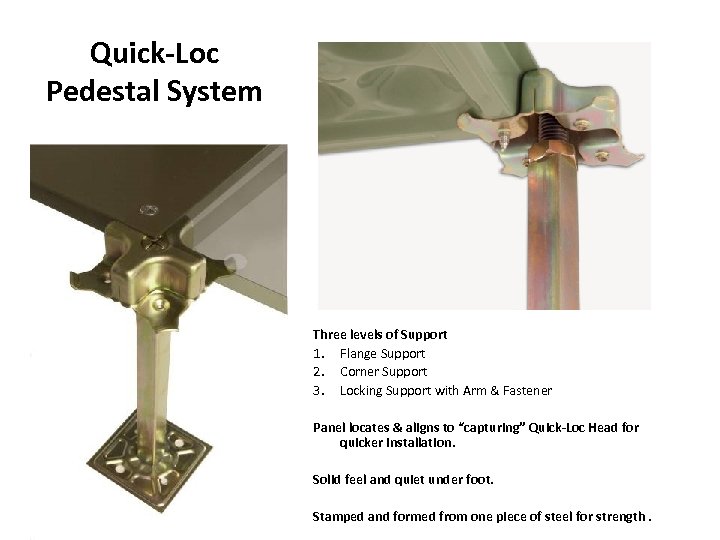 Quick-Loc Pedestal System Three levels of Support 1. Flange Support 2. Corner Support 3.