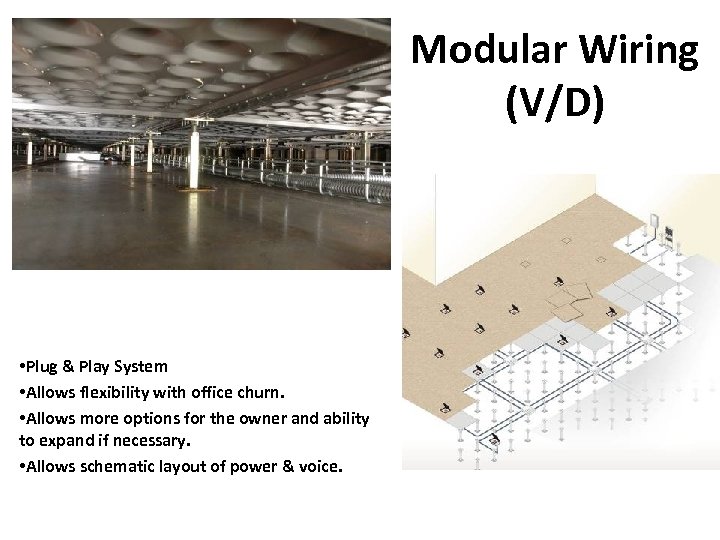 Modular Wiring (V/D) • Plug & Play System • Allows flexibility with office churn.