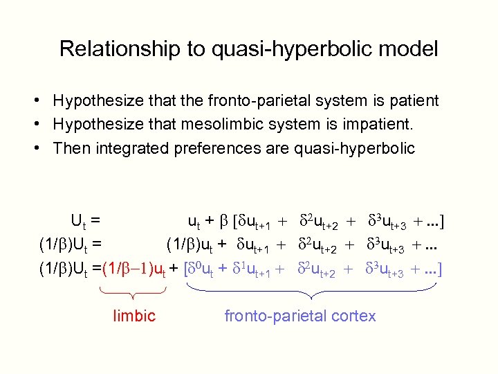 Relationship to quasi-hyperbolic model • Hypothesize that the fronto-parietal system is patient • Hypothesize