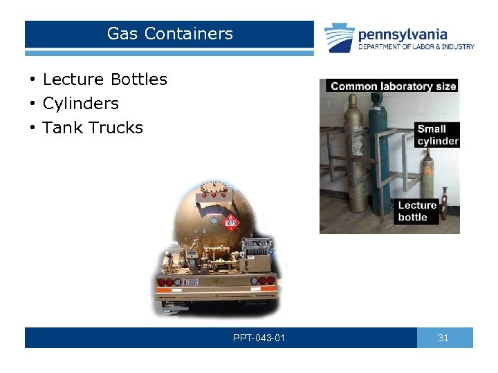 Gas Containers • Lecture Bottles • Cylinders • Tank Trucks PPT-043 -01 31 