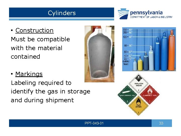 Cylinders • Construction Must be compatible with the material contained • Markings Labeling required