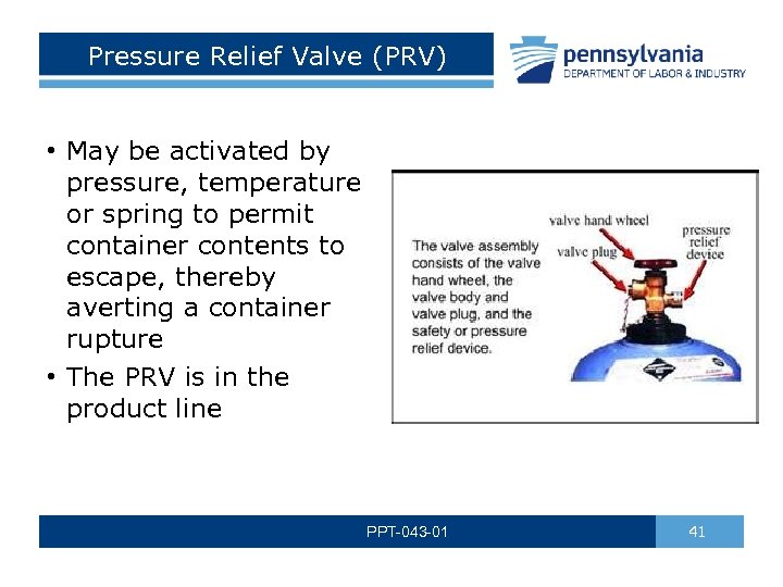 Pressure Relief Valve (PRV) • May be activated by pressure, temperature or spring to