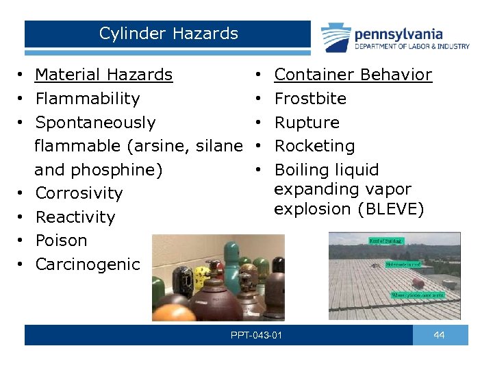 Cylinder Hazards • Material Hazards • Flammability • Spontaneously flammable (arsine, silane and phosphine)