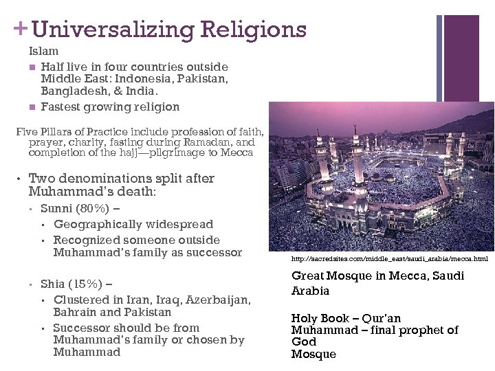 + Universalizing Religions Islam n Half live in four countries outside Middle East: Indonesia,