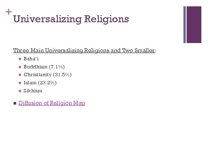 + Universalizing Religions Three Main Universalizing Religions and Two Smaller: n n Buddhism (7.