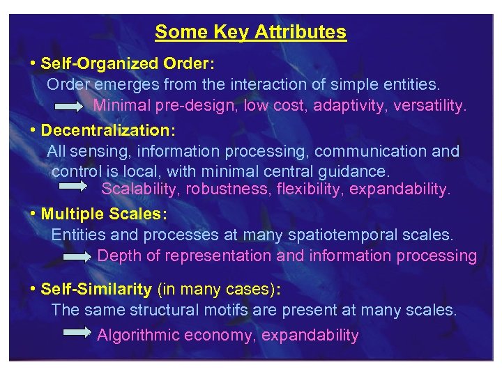 Some Key Attributes • Self-Organized Order: Order emerges from the interaction of simple entities.