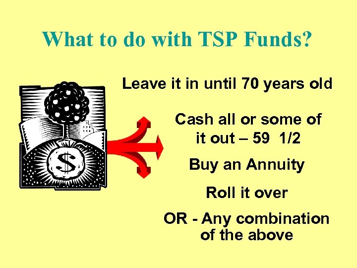 What to do with TSP Funds? Leave it in until 70 years old Cash