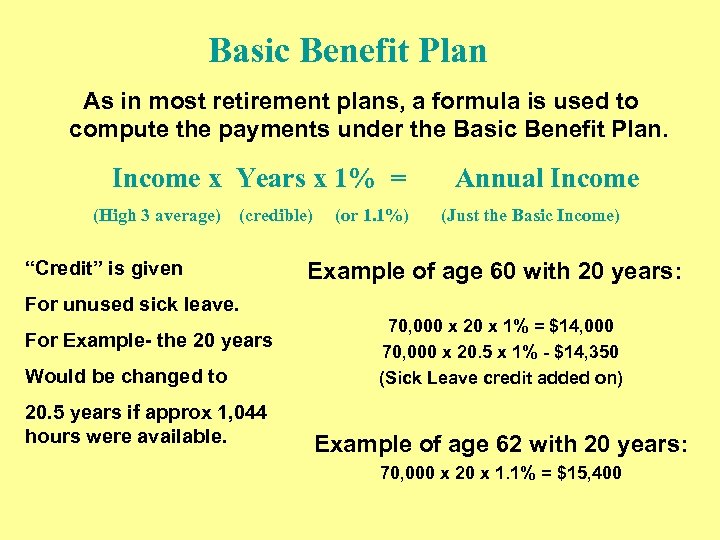 Basic Benefit Plan As in most retirement plans, a formula is used to compute