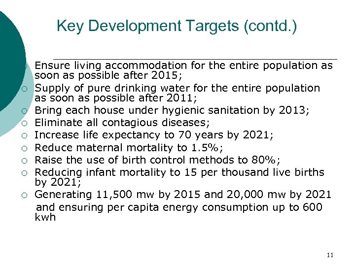 Key Development Targets (contd. ) ¡ ¡ ¡ ¡ ¡ Ensure living accommodation for