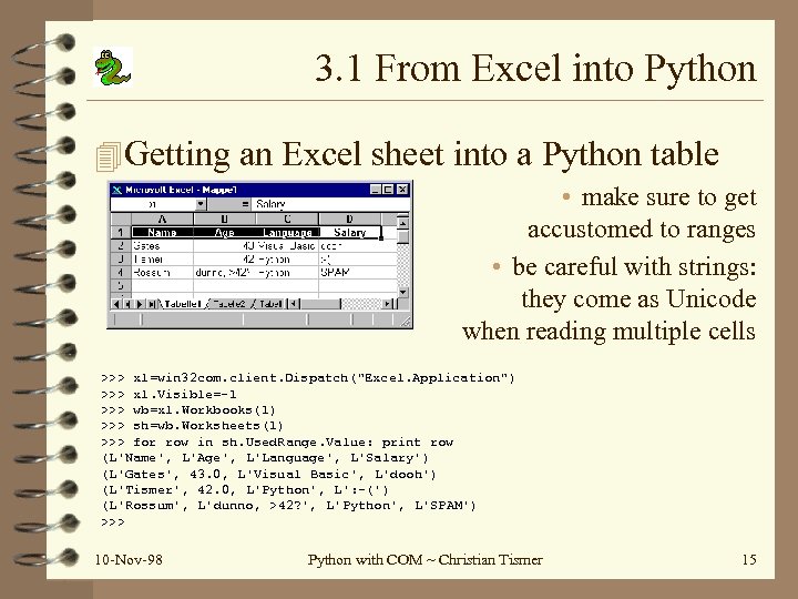 3. 1 From Excel into Python 4 Getting an Excel sheet into a Python