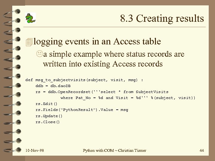 8. 3 Creating results 4 logging events in an Access table a simple example