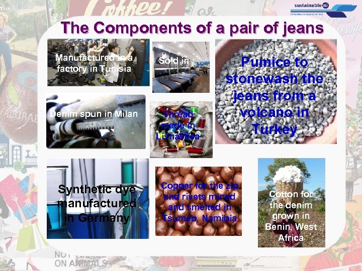 The Components of a pair of jeans Manufactured in a factory in Tunisia Denim