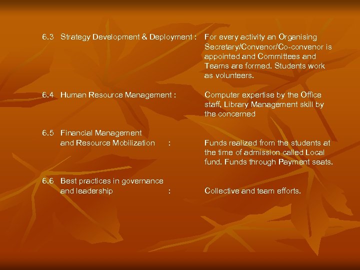 6. 3 Strategy Development & Deployment : For every activity an Organising Secretary/Convenor/Co-convenor is