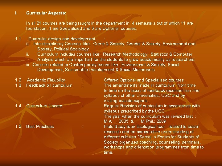 I. Curricular Aspects: In all 21 courses are being taught in the department in