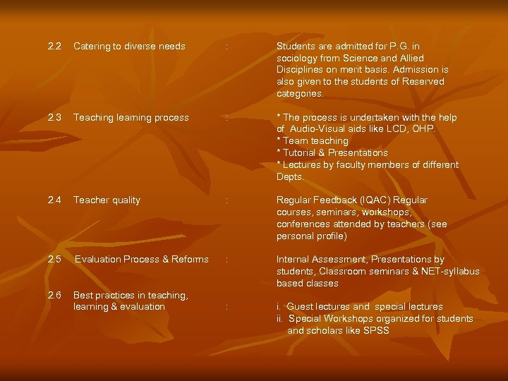 2. 2 Catering to diverse needs : Students are admitted for P. G. in