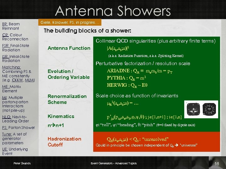 Antenna Showers BR: Beam Remnant CR: Colour Reconnection FSR: Final-State Radiation Giele, Kosower, PS,
