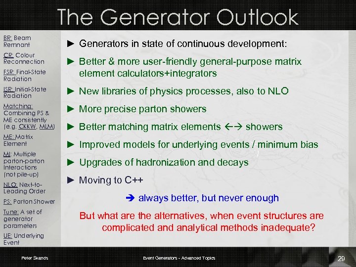 The Generator Outlook BR: Beam Remnant CR: Colour Reconnection FSR: Final-State Radiation ► Generators