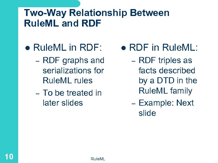 Two-Way Relationship Between Rule. ML and RDF l Rule. ML in RDF: – –