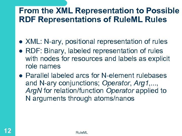 From the XML Representation to Possible RDF Representations of Rule. ML Rules l l