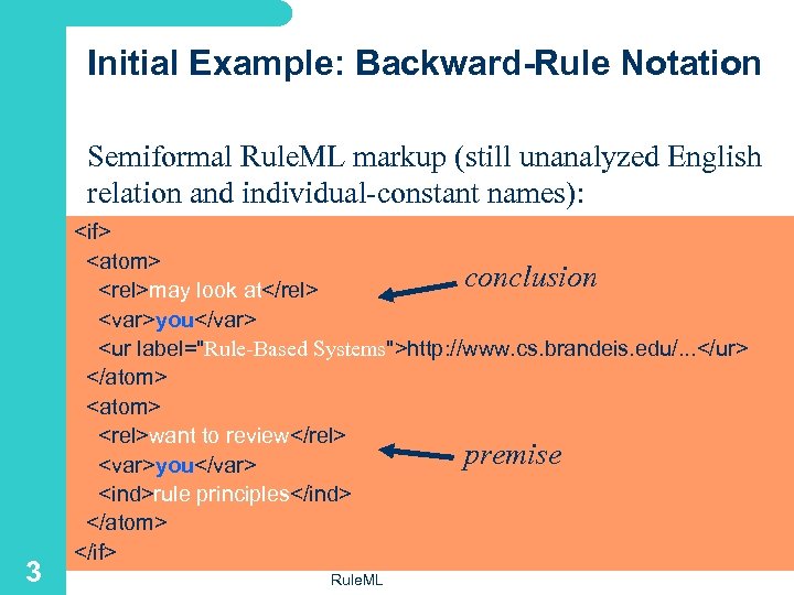 Initial Example: Backward-Rule Notation Semiformal Rule. ML markup (still unanalyzed English relation and individual-constant