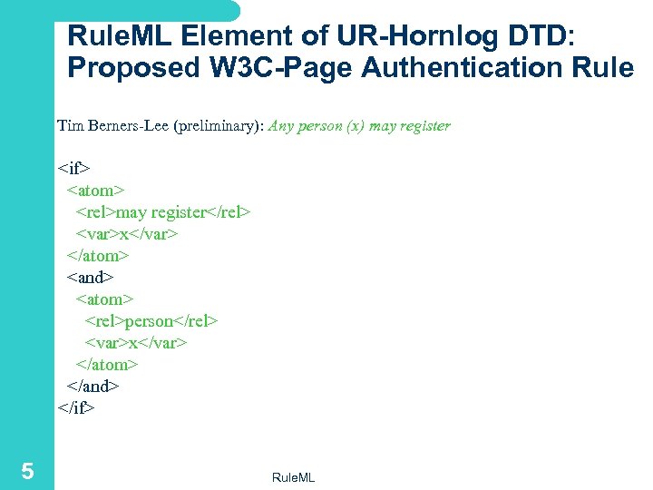 Rule. ML Element of UR-Hornlog DTD: Proposed W 3 C-Page Authentication Rule Tim Berners-Lee