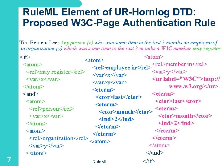 Rule. ML Element of UR-Hornlog DTD: Proposed W 3 C-Page Authentication Rule Tim Berners-Lee:
