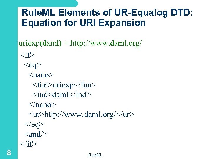 Rule. ML Elements of UR-Equalog DTD: Equation for URI Expansion uriexp(daml) = http: //www.