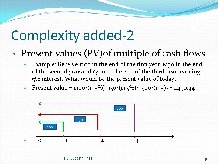 Complexity added-2 • Present values (PV)of multiple of cash flows Example: Receive £ 100