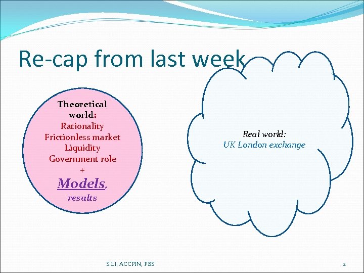 Re-cap from last week Theoretical world: Rationality Frictionless market Liquidity Government role + Real