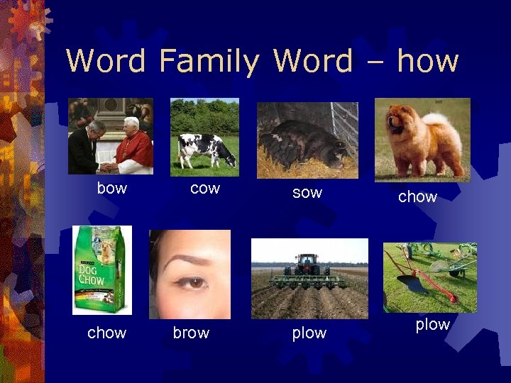 Word Family Word – how bow chow cow brow sow plow chow plow 