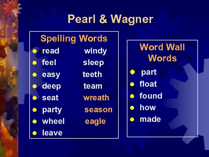 Pearl & Wagner Spelling Words ® easy teeth Word Wall Words ® part ®