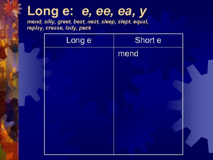 Long e: e, ea, y mend, silly, greet, best, neat, sleep, slept, equal, replay,