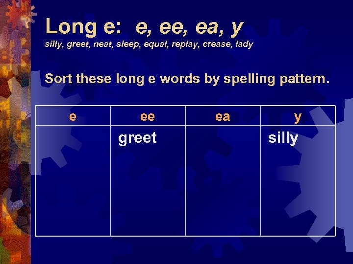 Long e: e, ea, y silly, greet, neat, sleep, equal, replay, crease, lady Sort