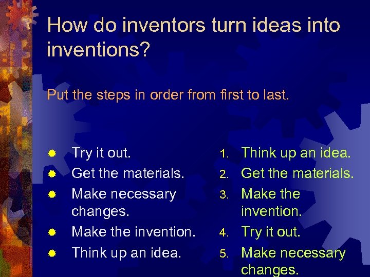 How do inventors turn ideas into inventions? Put the steps in order from first