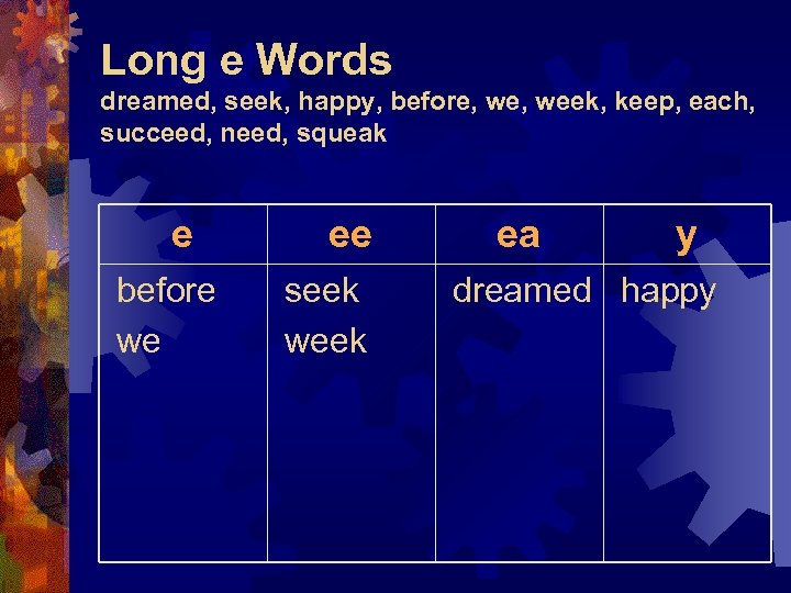 Long e Words dreamed, seek, happy, before, week, keep, each, succeed, need, squeak e