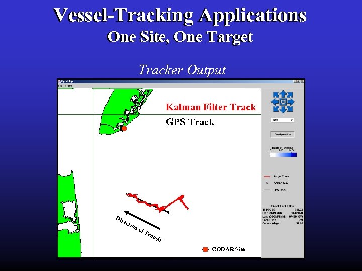 Vessel-Tracking Applications One Site, One Target Tracker Output Kalman Filter Track GPS Track Dir