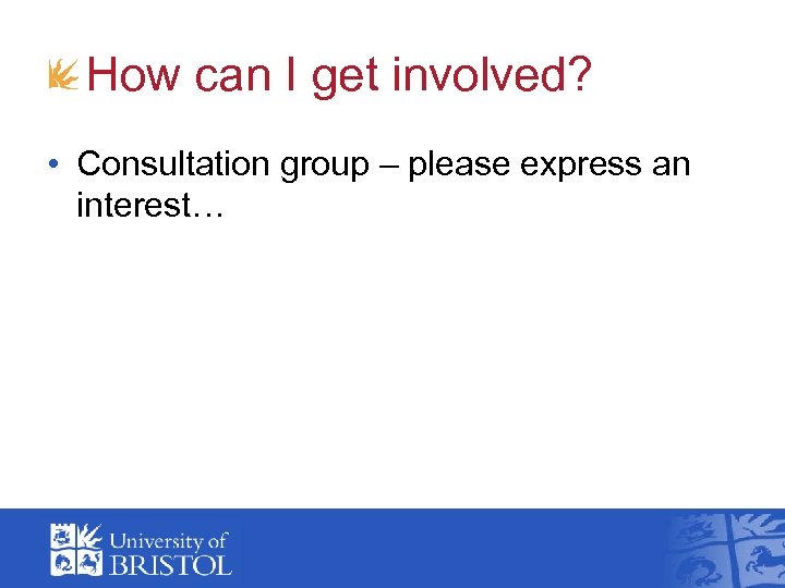 How can I get involved? • Consultation group – please express an interest… 