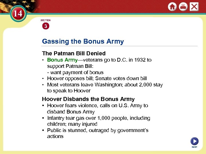 SECTION 3 Gassing the Bonus Army The Patman Bill Denied • Bonus Army—veterans go