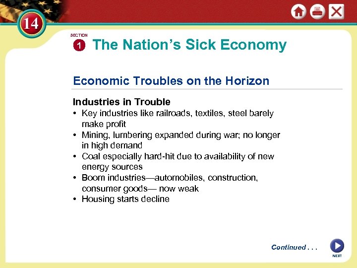 SECTION 1 The Nation’s Sick Economy Economic Troubles on the Horizon Industries in Trouble