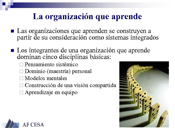 La organización que aprende n Las organizaciones que aprenden se construyen a partir de