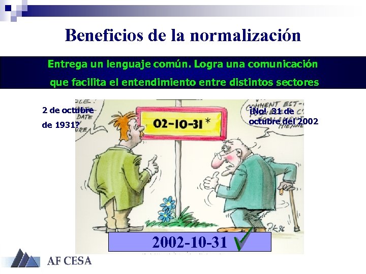 Beneficios de la normalización Entrega un lenguaje común. Logra una comunicación que facilita el