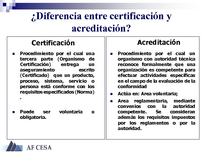 ¿Diferencia entre certificación y acreditación? Acreditación Certificación n n Procedimiento por el cual una