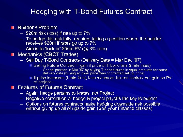 Hedging with T-Bond Futures Contract Builder’s Problem – $20 m risk (loss) if rate