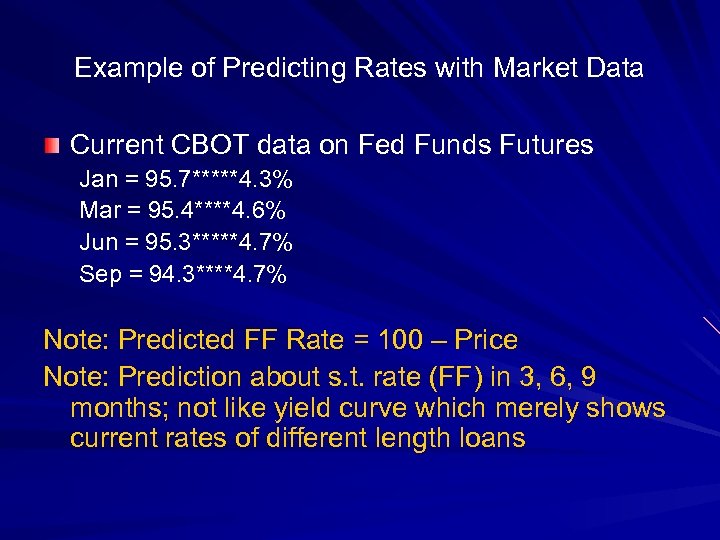 Example of Predicting Rates with Market Data Current CBOT data on Fed Funds Futures